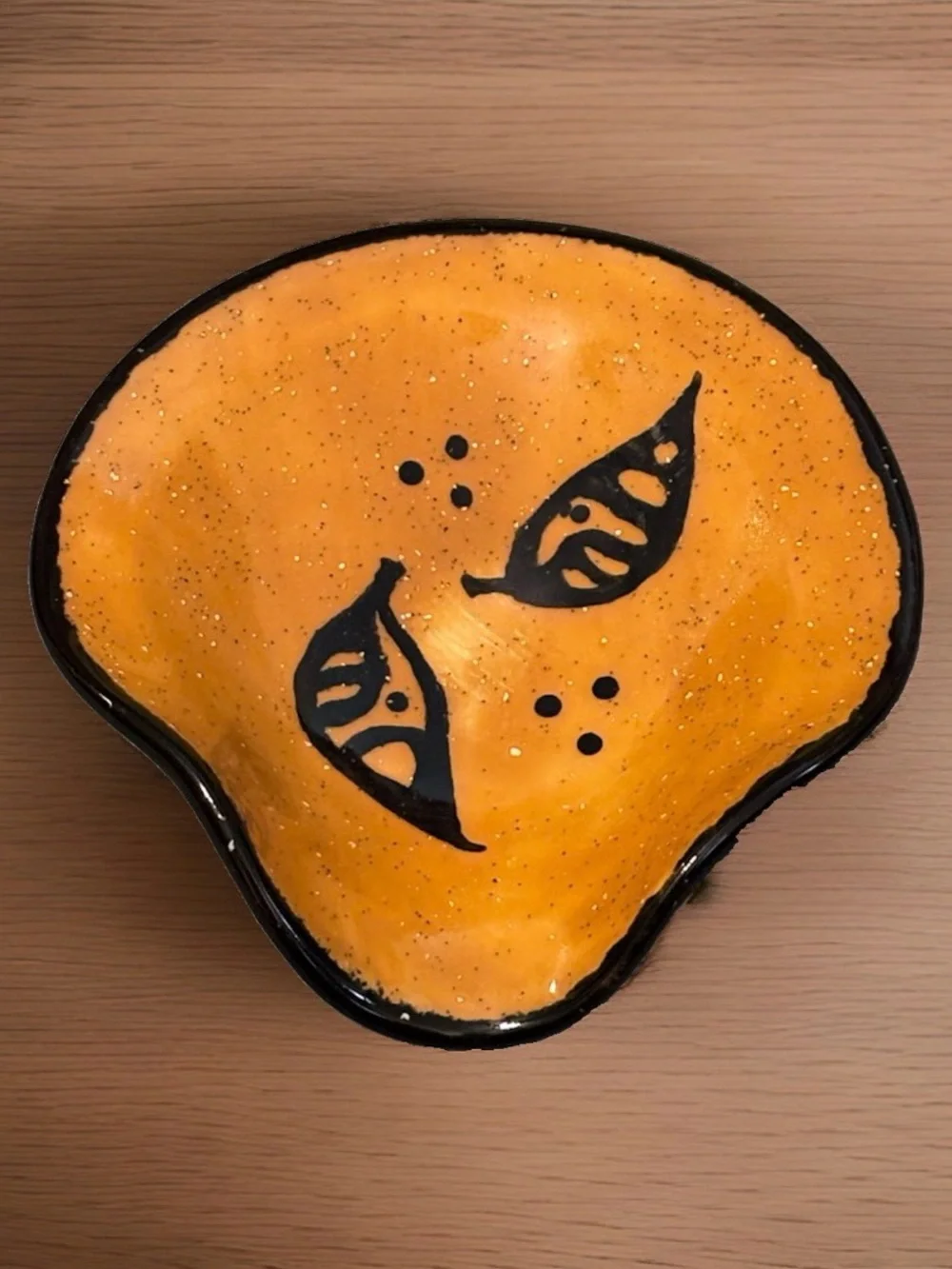 Vintage Studio Pottery Spoon Rest Orange Black Abstract Leaf MCM Handmade
